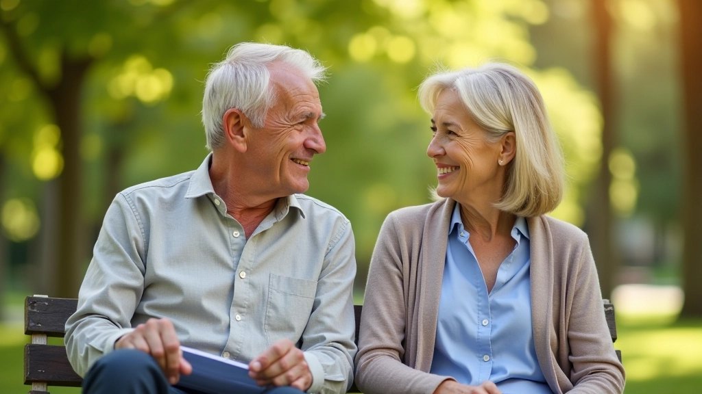 Casal de meia-idade conversando ao ar livre num parque, sorrindo e relaxados