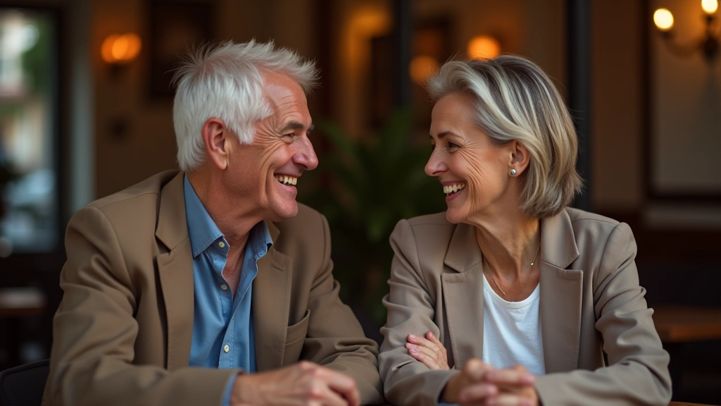 Casal reformado conversando ao café num local tranquilo, luz morna e aconchegante