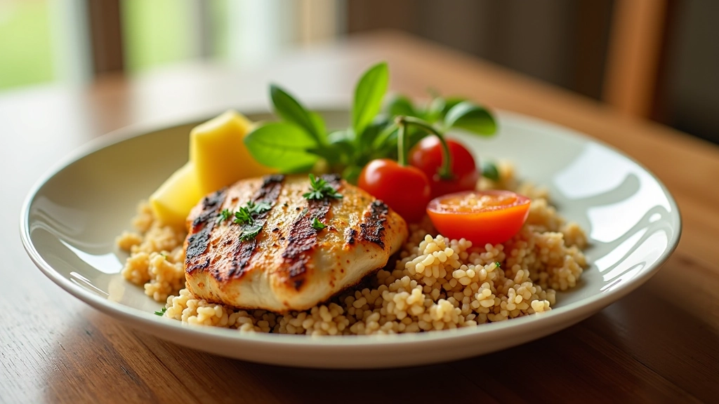 Refeição equilibrada em prato com proteína, vegetais coloridos e grãos integrais, apresentada de forma apetitosa