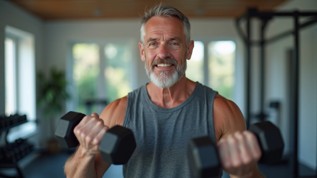 Homem de meia-idade a fazer exercício de resistência com halteres em casa, postura correta e ambiente bem iluminado