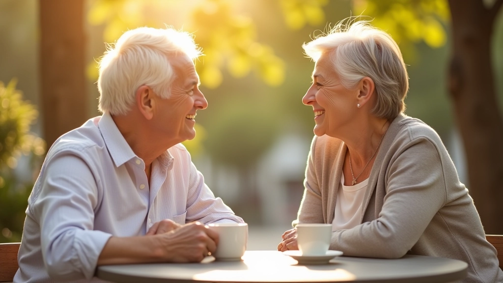 Casal maduro conversando num café ao ar livre, sorridentes e relaxados