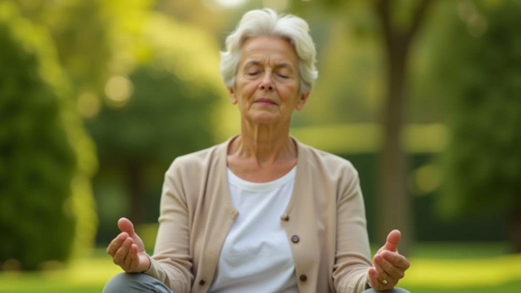 Pessoa meditando em postura tranquila, em ambiente natural com luz solar suave, expressão calma e focada
