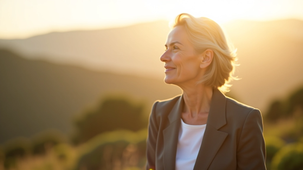 Mulher madura contemplando paisagem natural ao entardecer, representando reflexão e nova fase de vida